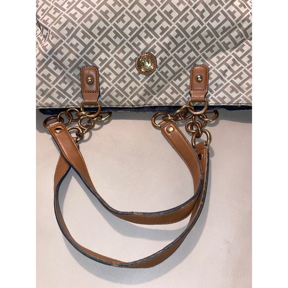 Tommy Hilfiger Large Tan Logo Canvas Shoulder Tote Bag Gold Accent Chain - Picture 6 of 10